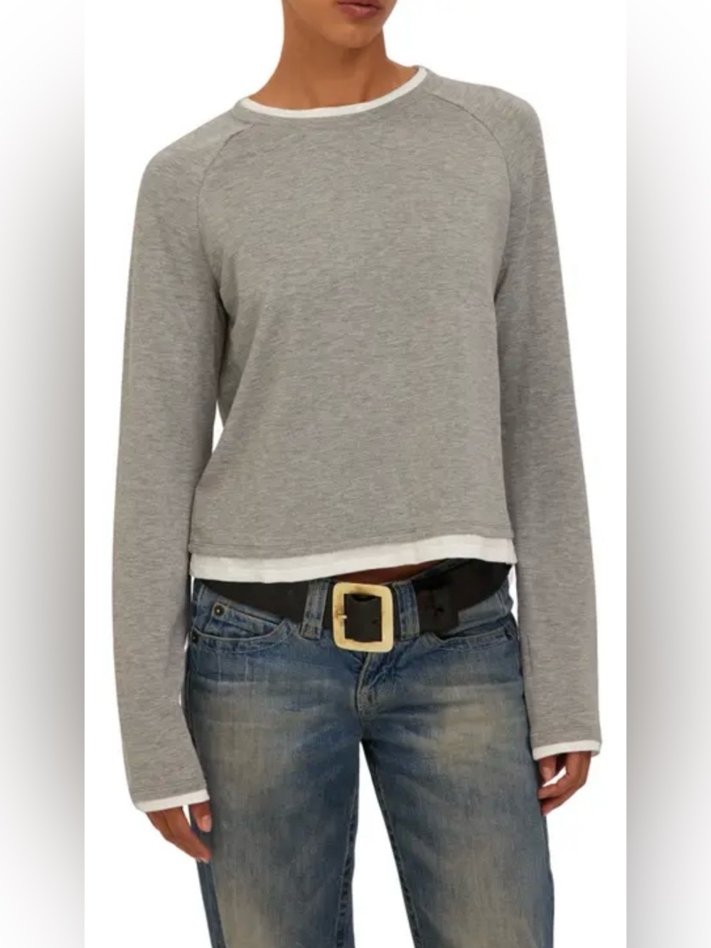 ZARA Heather Gray White Contrast Crew Neck Raglan Sleeve Sweater Small
